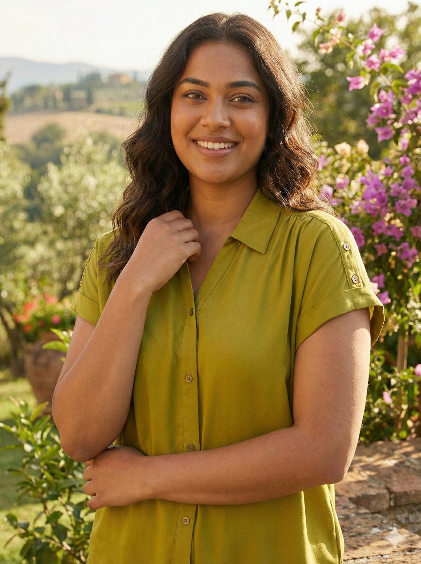 Olive Embroidered Crepe Shirt for Women
