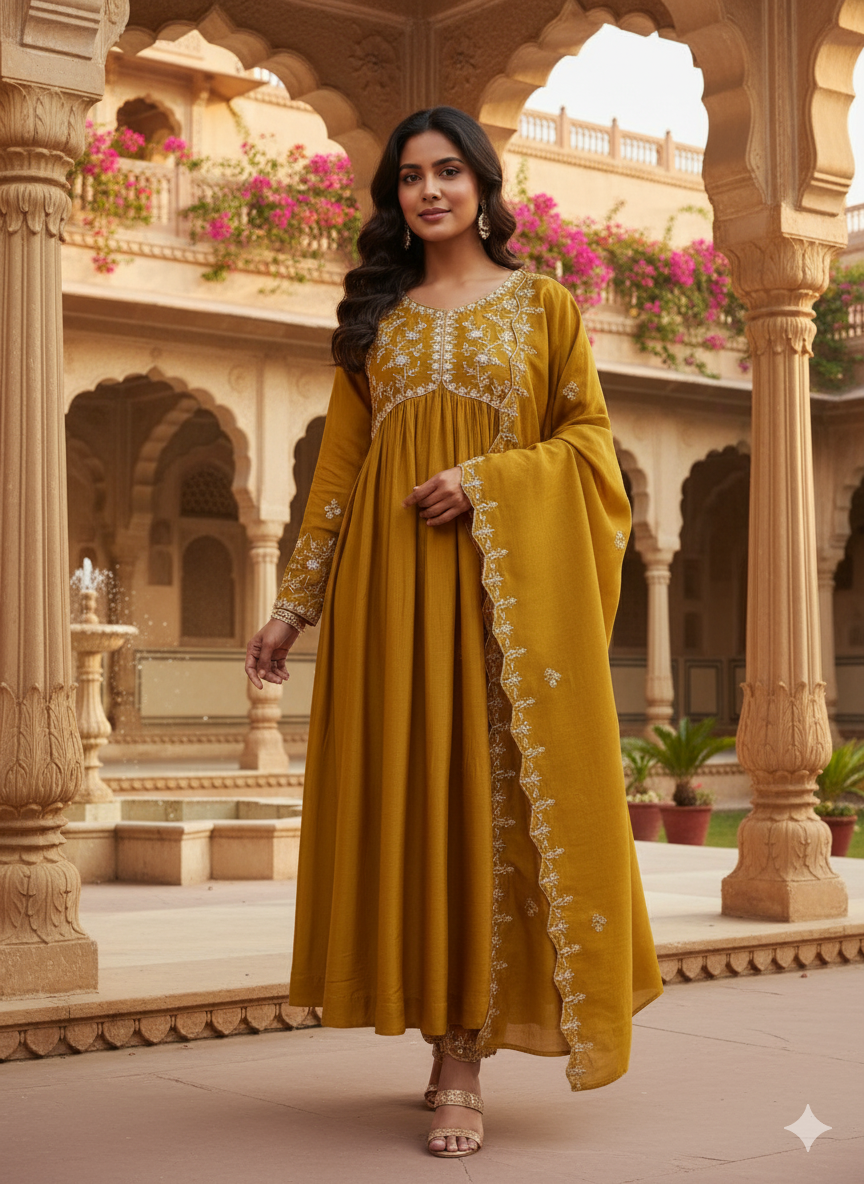 Mustard Embroidered Silk Blend Anarkali Kurta Set with Dupatta