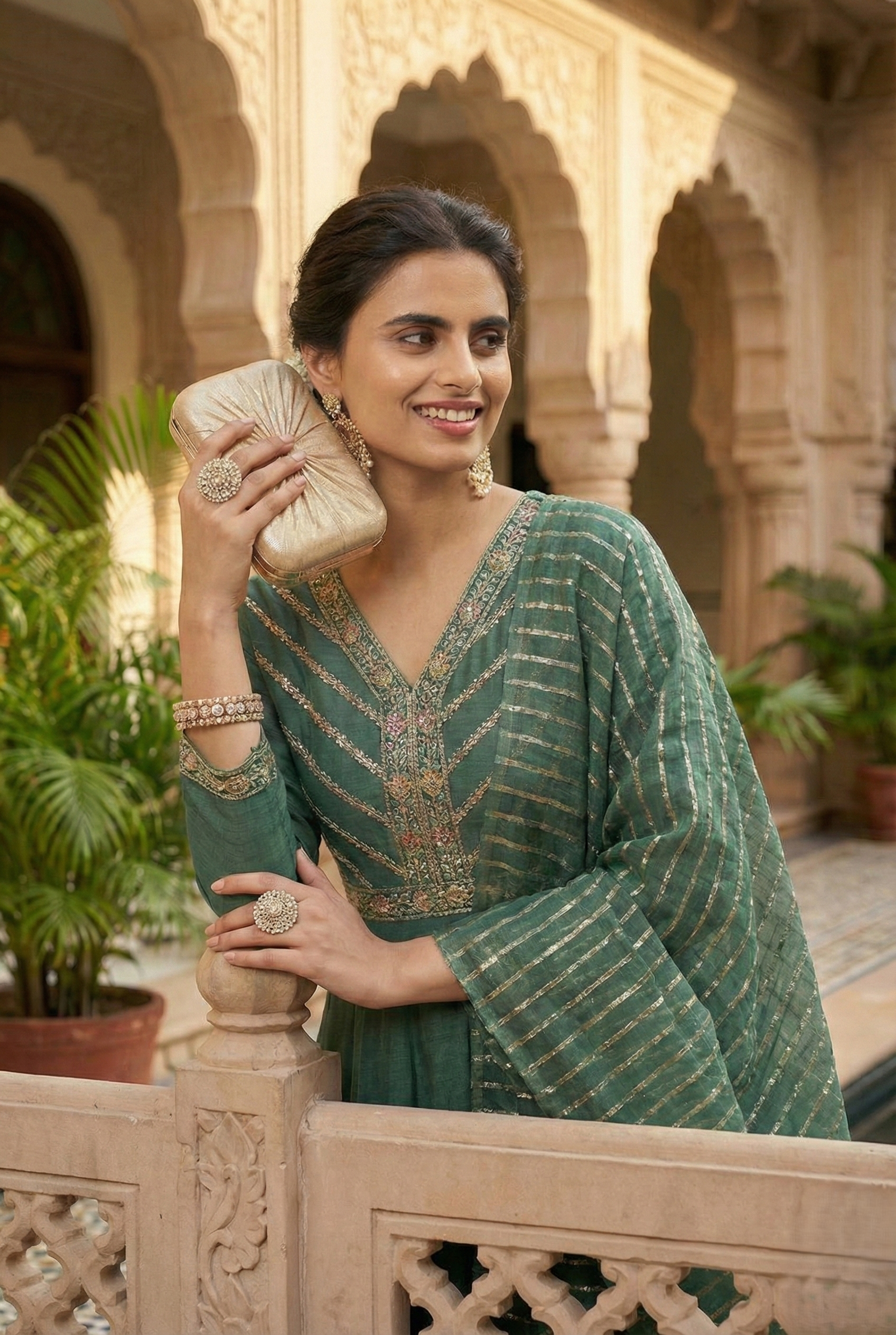 Bottle Green Silk Embroidered Anarkali kurta with dupatta set | frontside half image