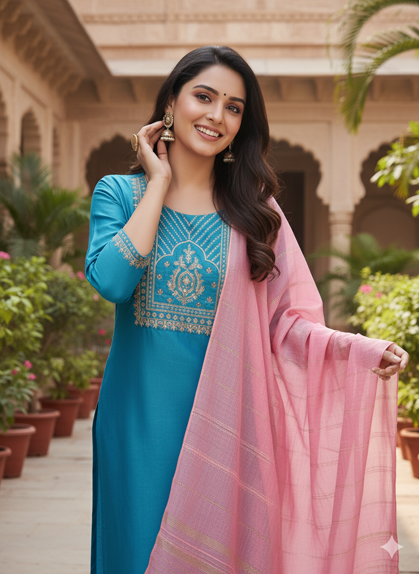 Blue Embroidered Chinon Kurta with Dupatta Set
