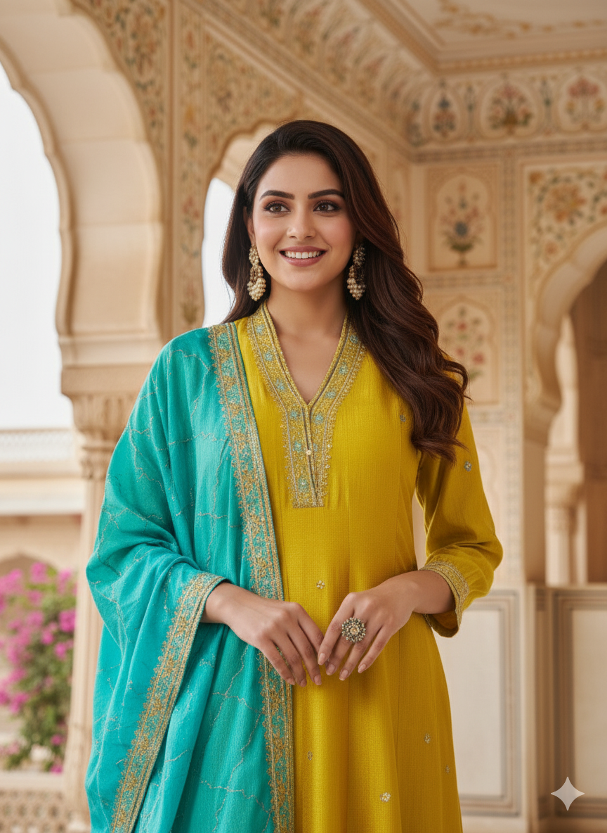 Lemon Yellow Embroidered Silk Anarkali Kurta With Dupatta Set