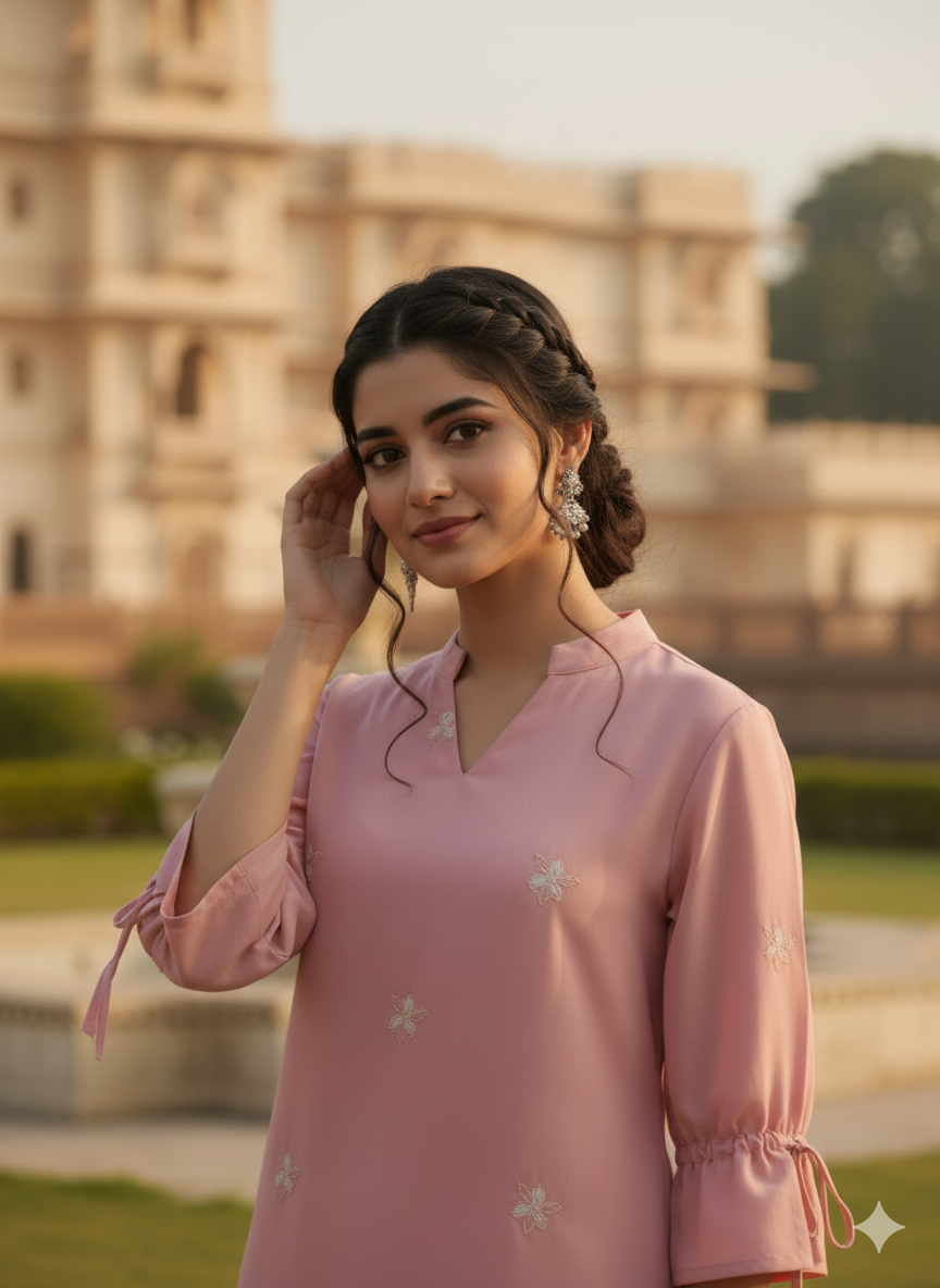 Pink Viscose Blend Embroidered Top & Pant Set for Girls