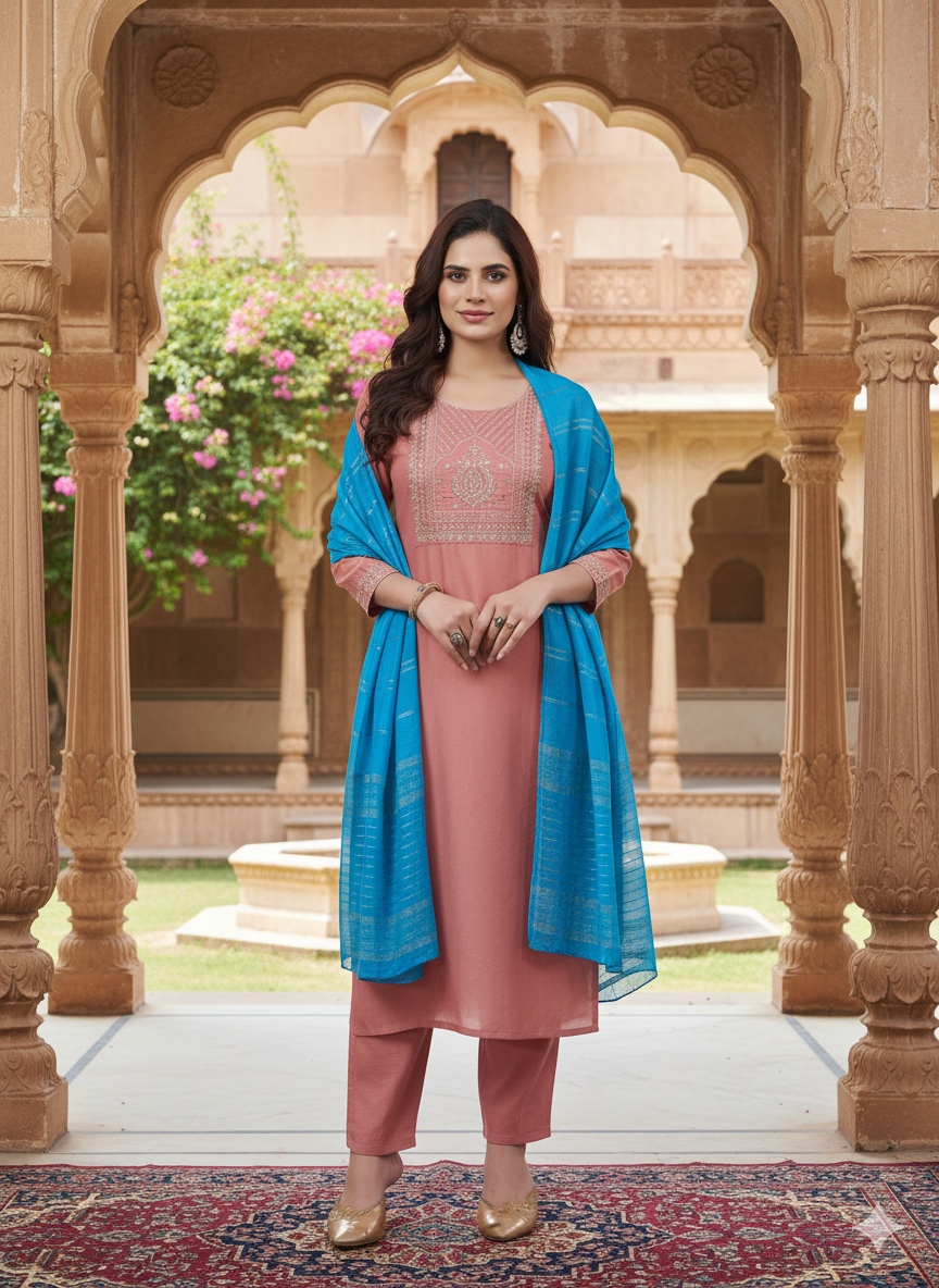 Peach Embroidered Chinon Kurta with Dupatta Set