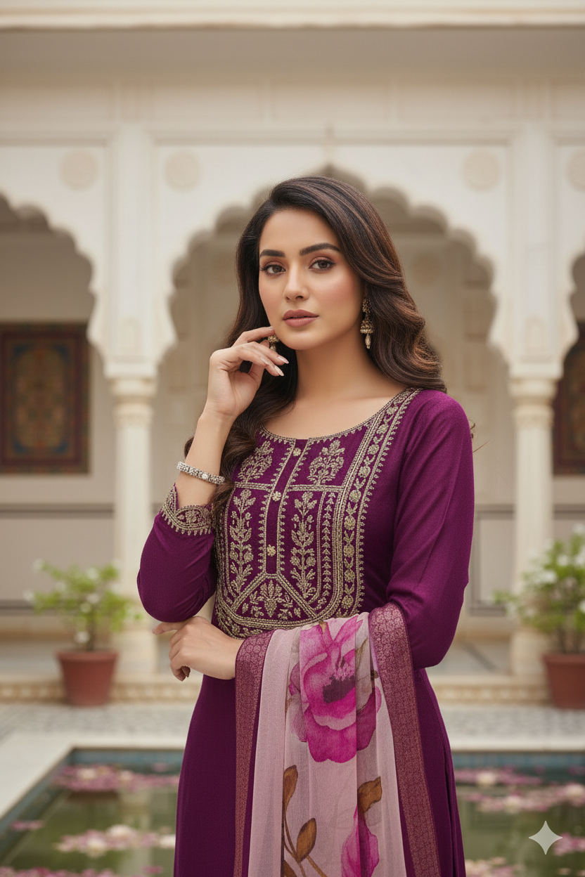 Wine Self Design Chinon Straight Kurta With Printed Dupatta