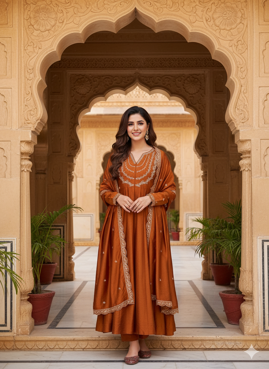 Rust Embroidered Silk Blend Anarkali Kurta With Dupatta Set