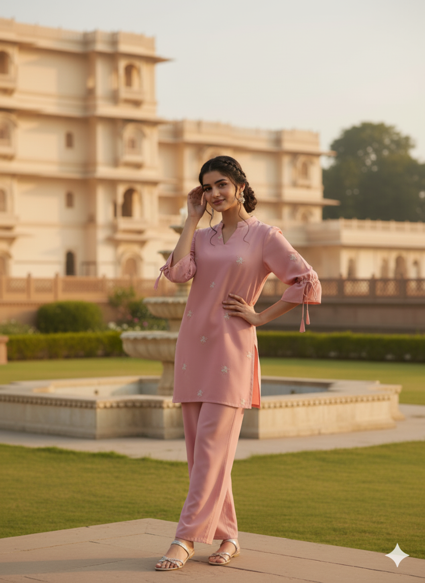 Pink Viscose Blend Embroidered Top & Pant Set for Girls