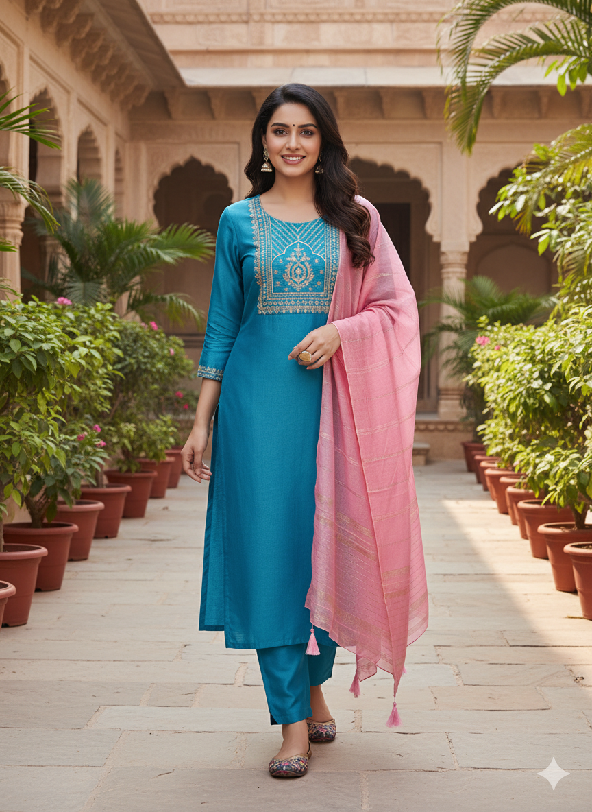 Blue Embroidered Chinon Kurta with Dupatta Set