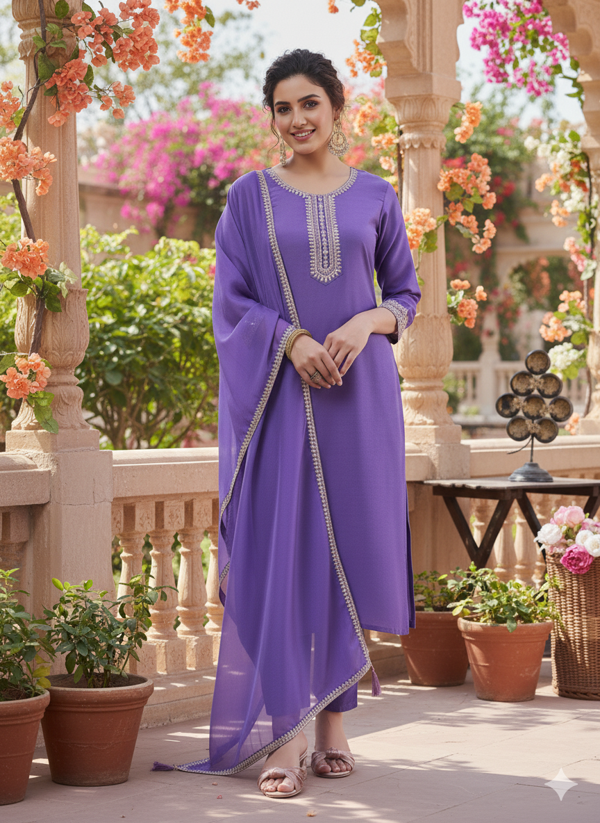 Lavender Embroidered Chinon Kurta with Dupatta Set