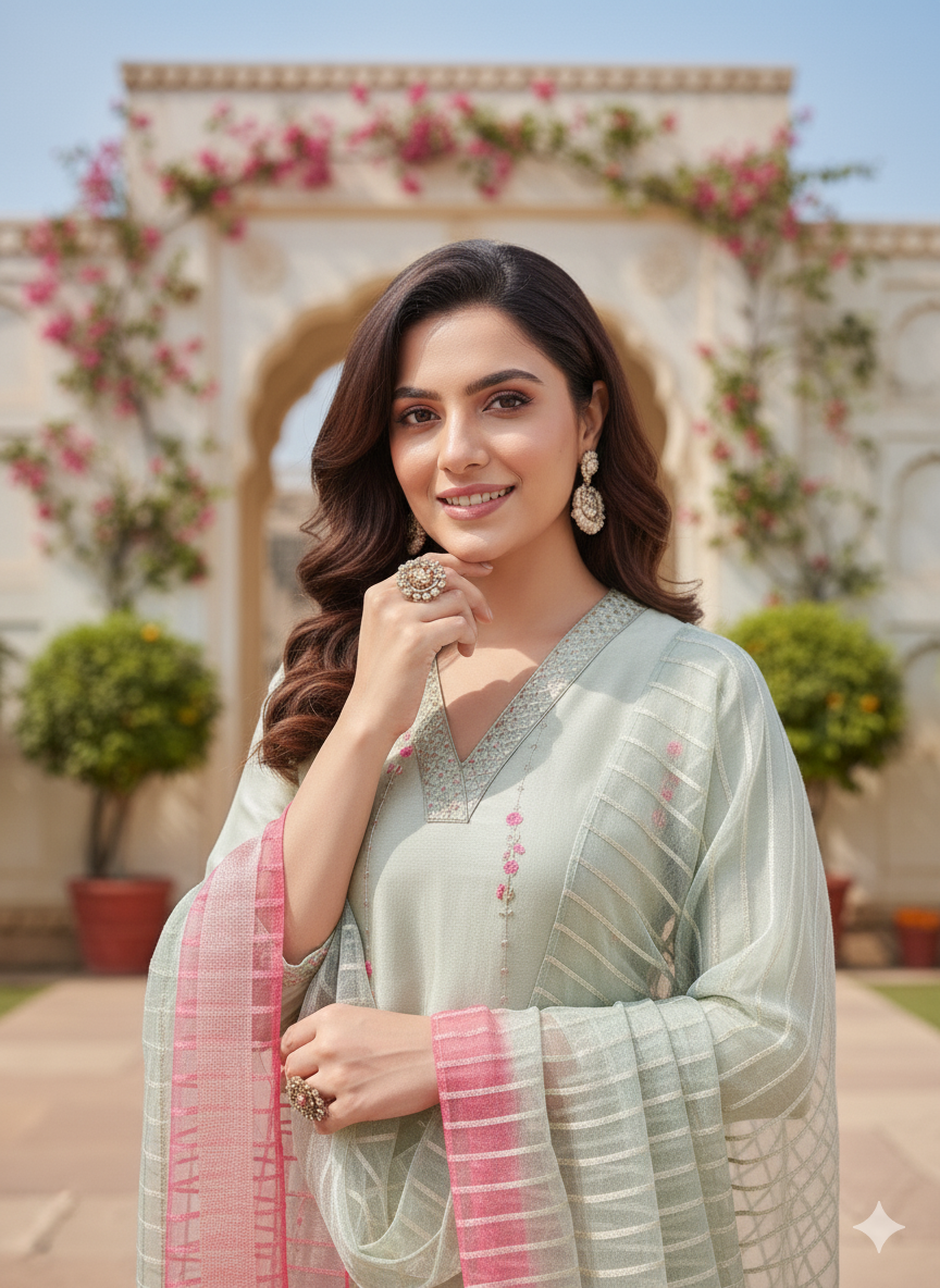 Grey Embroidered Silk Kurta with Dupatta Set