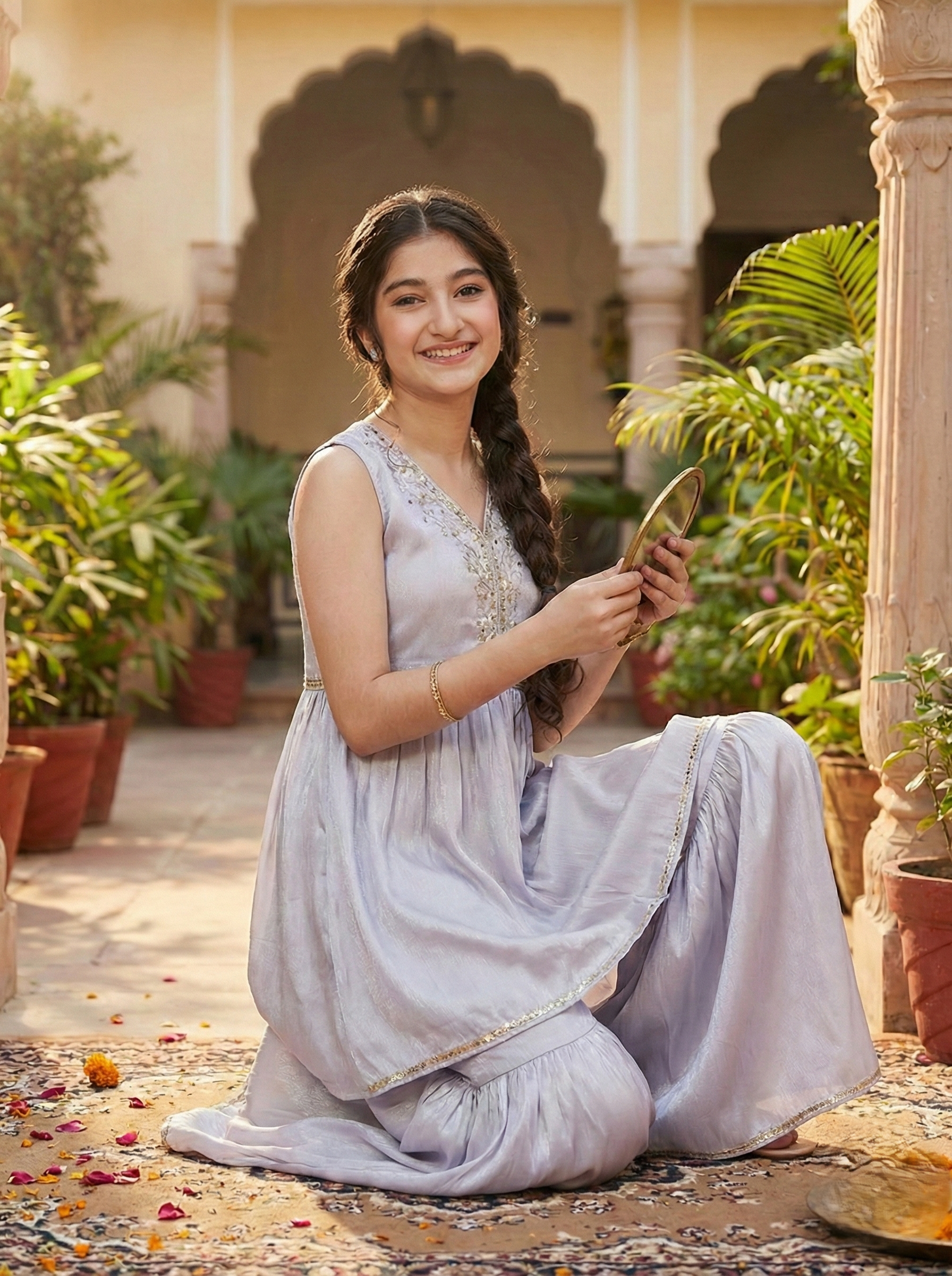 Silver Poly Chinon Embroidered Kurta & Sharara for Girls