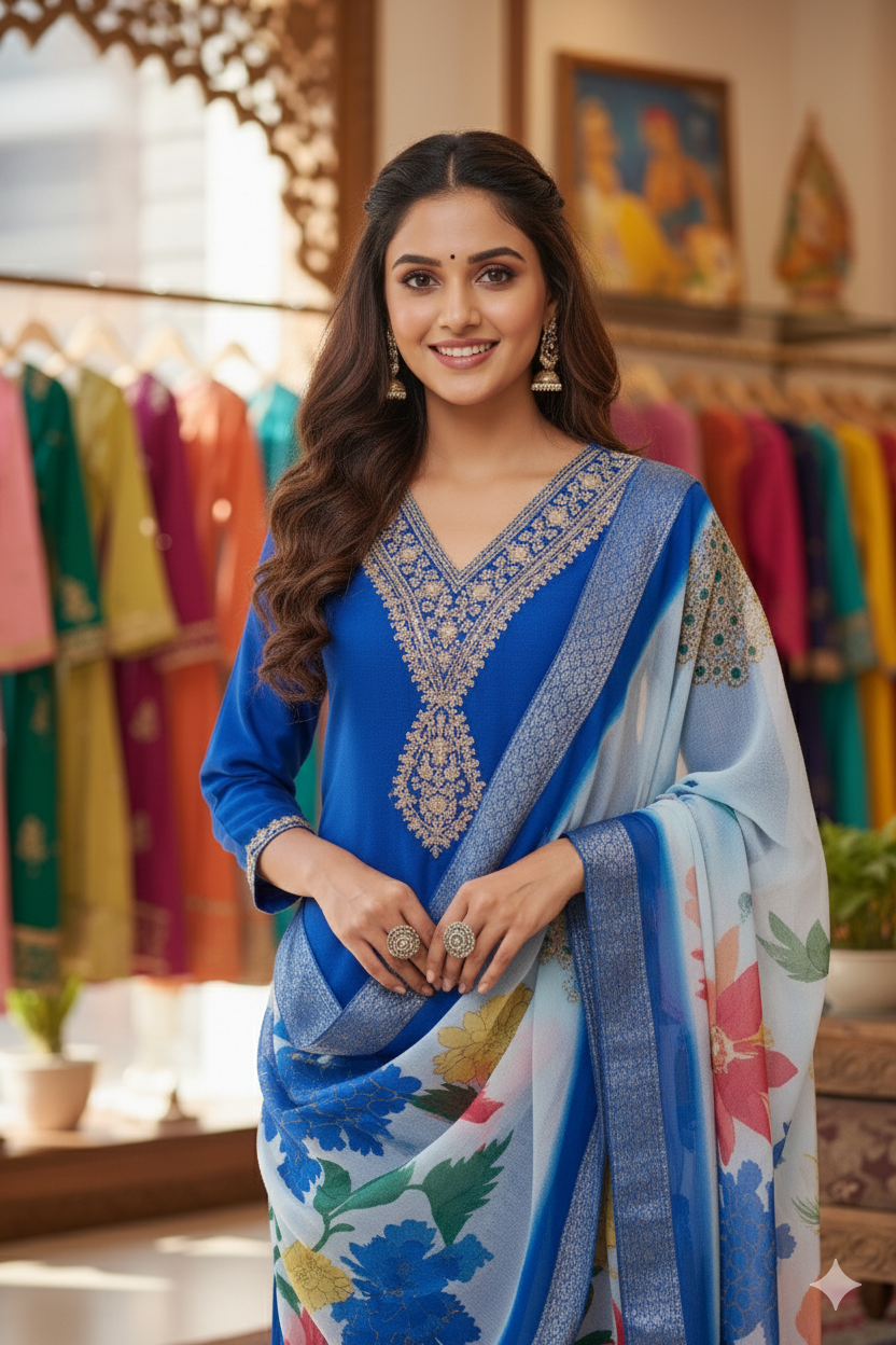 Royal Blue Chinon embroidered Straight kurta Set