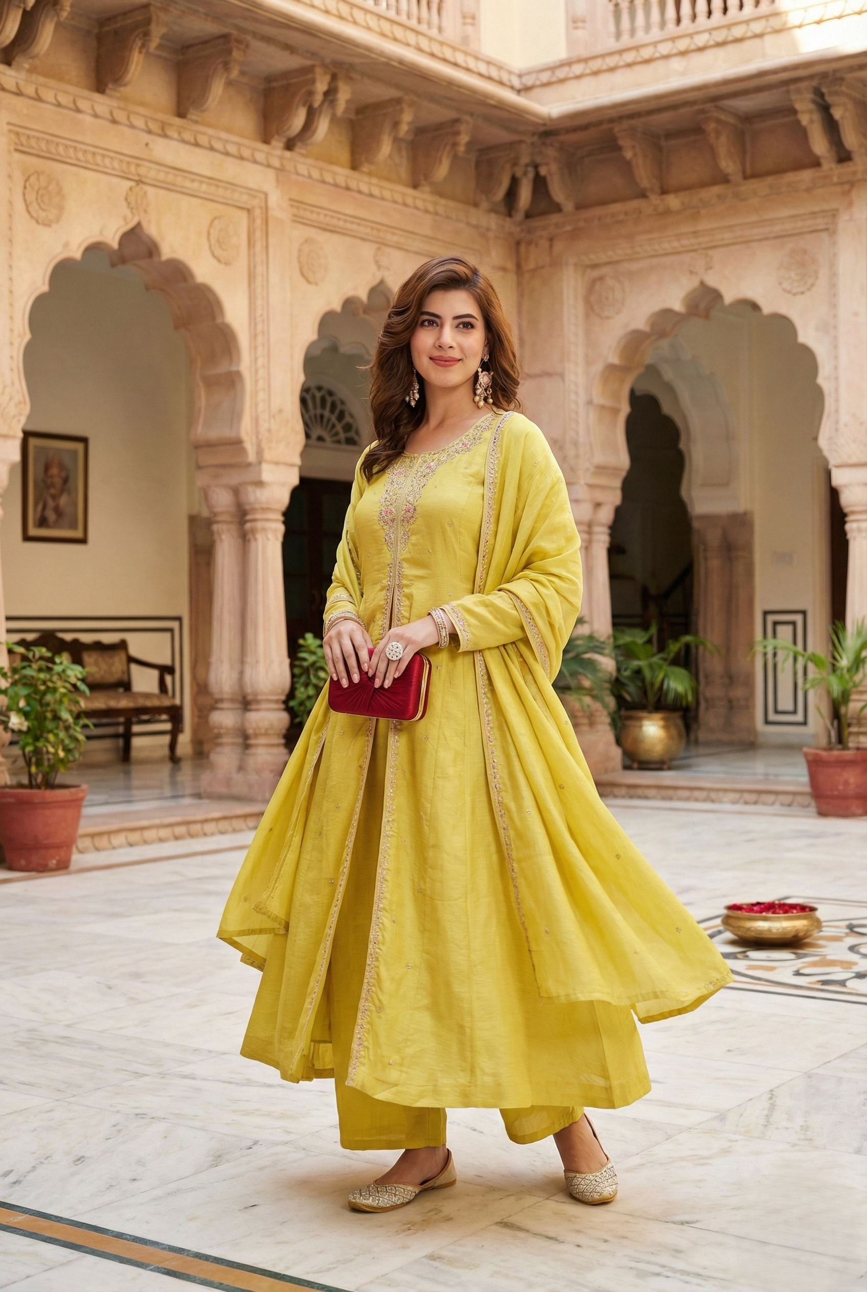 Lemon Yellow Embroidered Silk Anarkali Kurta With Dupatta Set | both solder dupatta style full front image