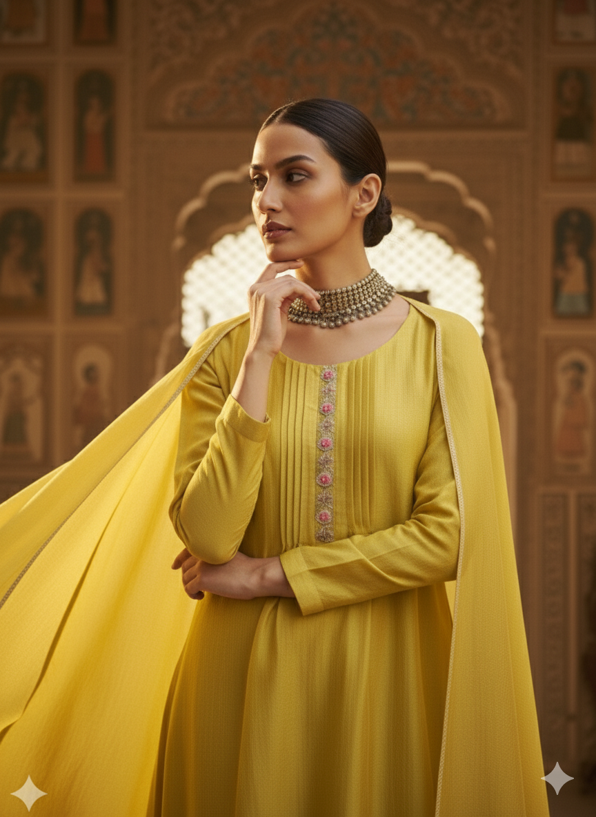 Lemon Yellow Embroidered Peplum Top with Sharara Set