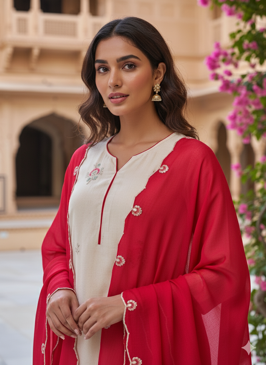 Cream Embroidered Chinon Kurta with Dupatta Set