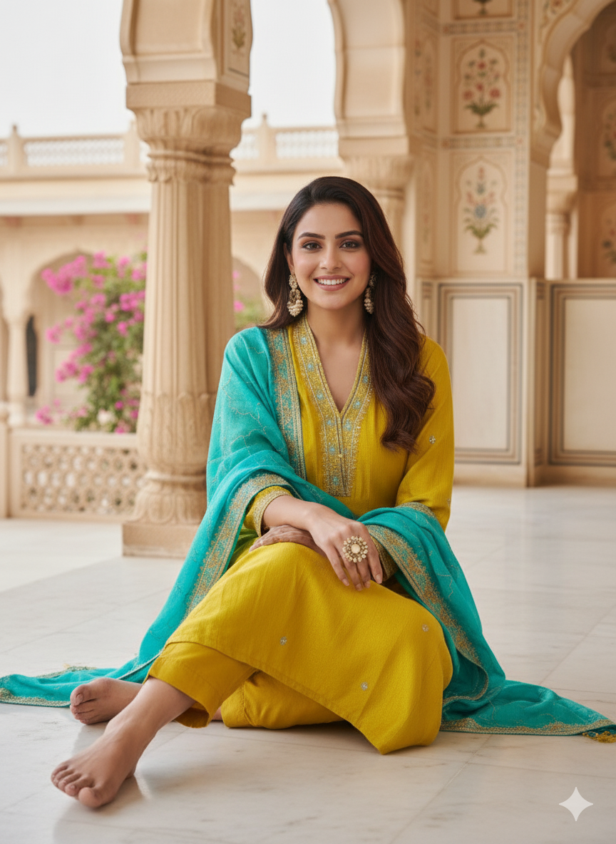 Lemon Yellow Embroidered Silk Anarkali Kurta With Dupatta Set