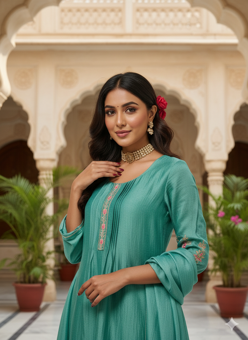 C Green Embroidered Peplum Top with Sharara Set
