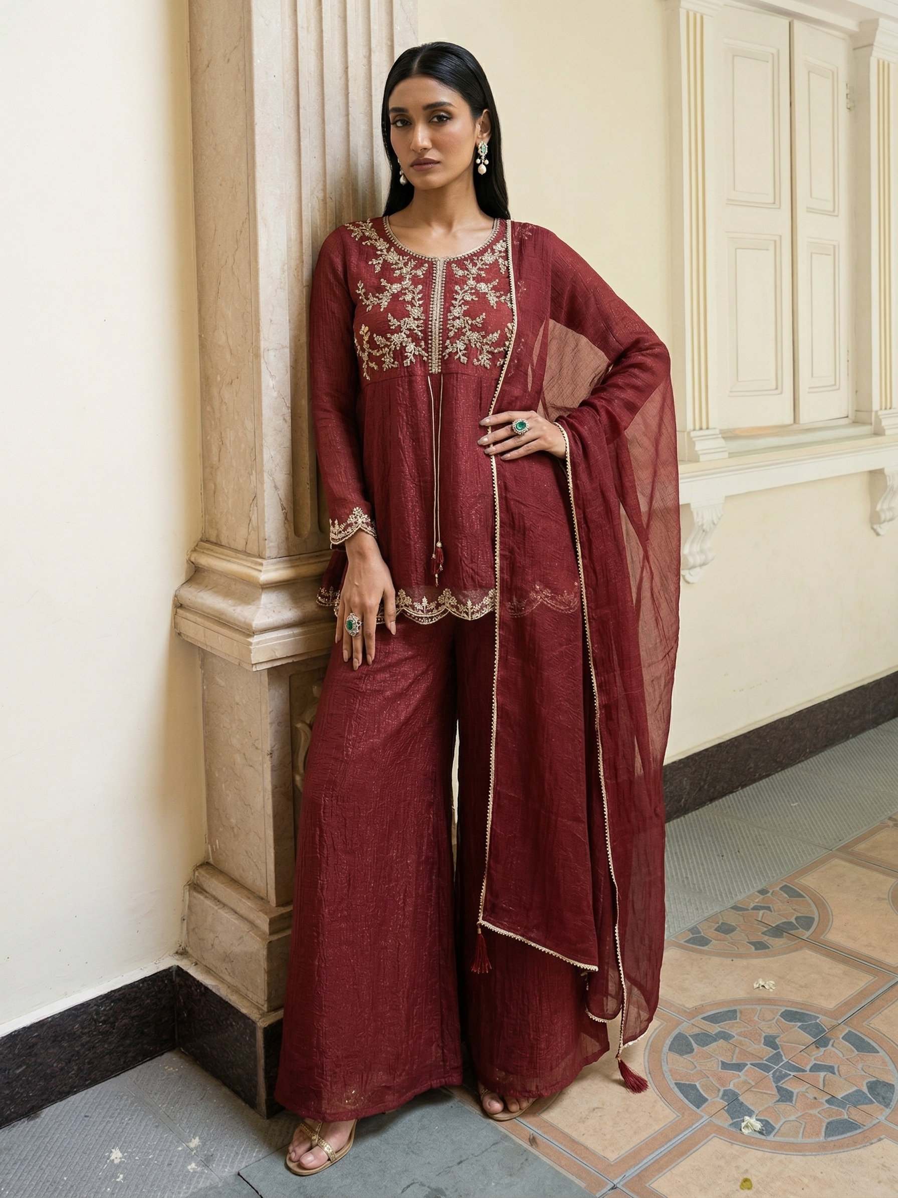 Berry Embroidered Kurta Palazzo Set with Dupatta for Women