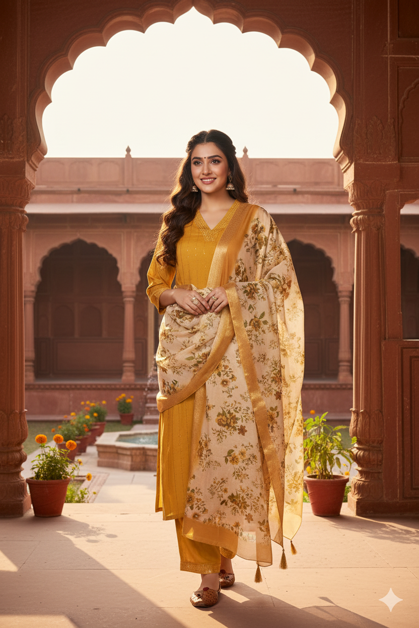 Mustard Chinon Embroidered Straight Kurta & Printed Dupatta Set