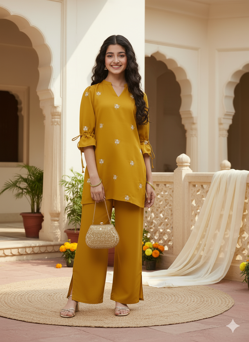 Yellow Viscose Blend Embroidered Top & Pant Set for Girls