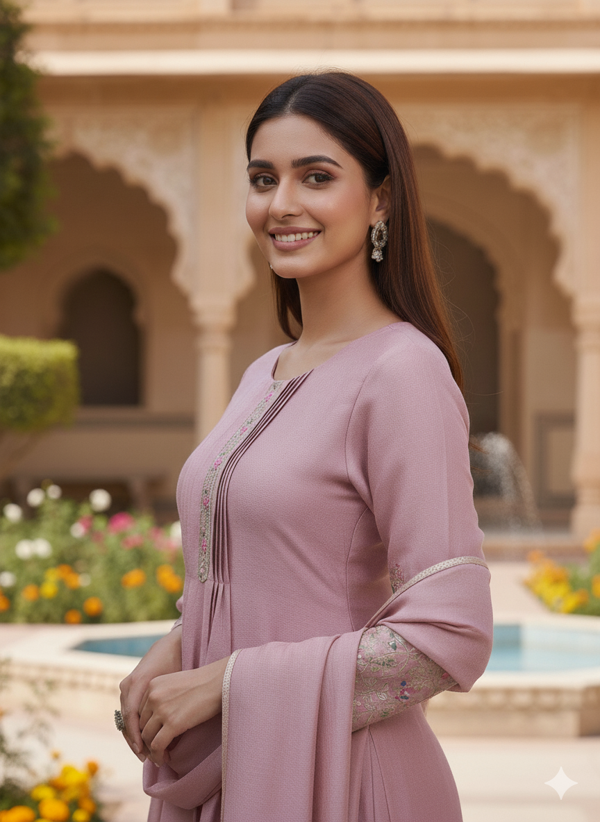 Rose Pink Embroidered Peplum Top with Sharara Set
