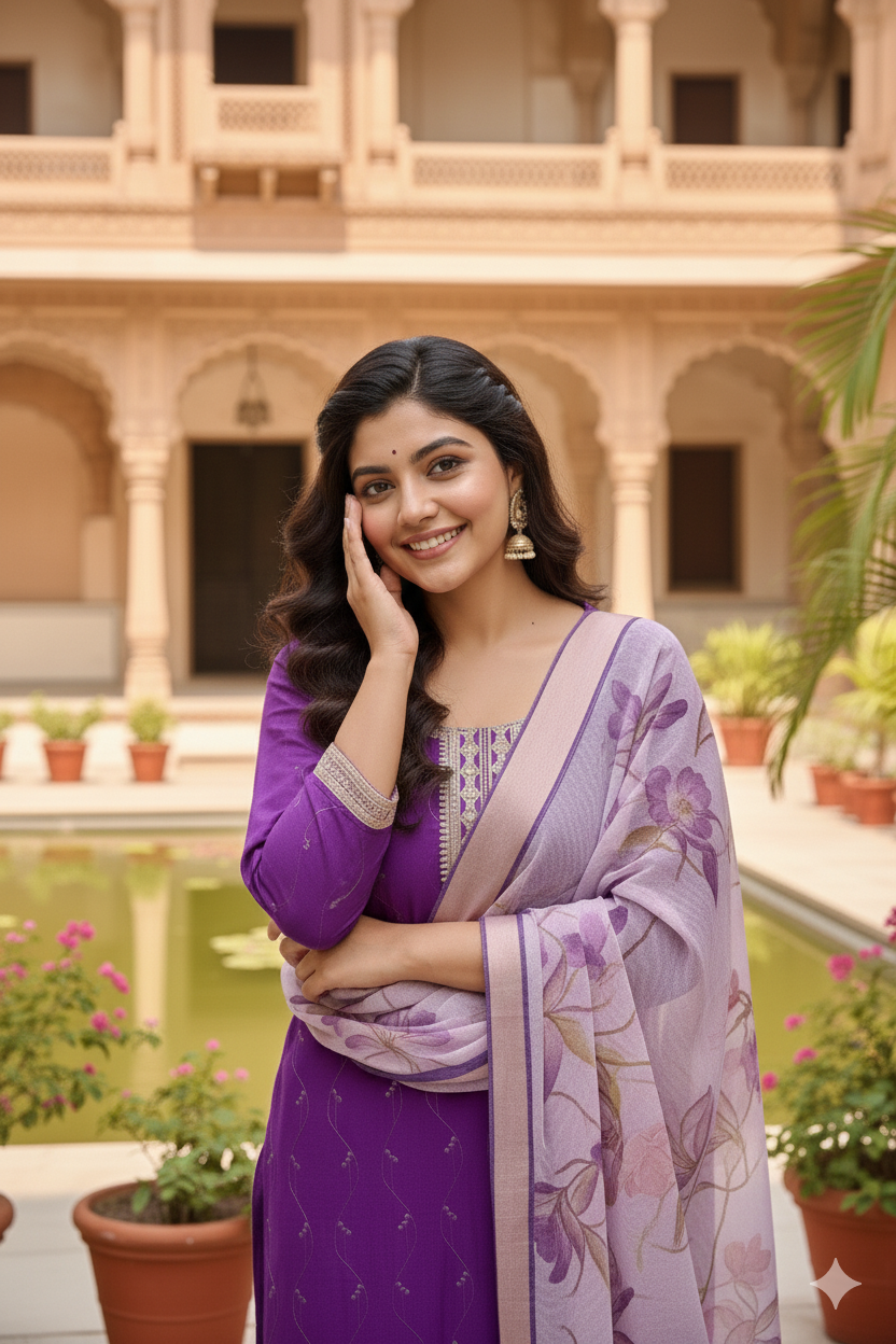 Violet Yoke Design Chinon Straight Suit With Printed Dupatta
