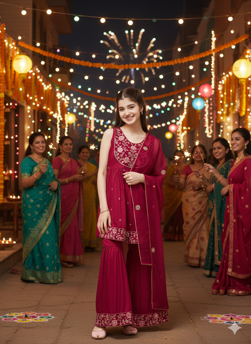 Girl's Rani Silk Embroidered Sharara Set With Dupatta