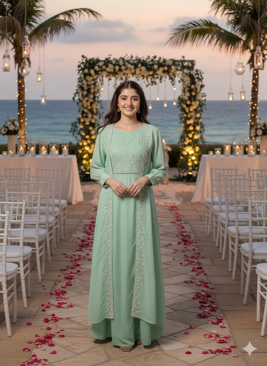 Girl's Mint cotton Embroidered Top,Plazoo Shurg Set