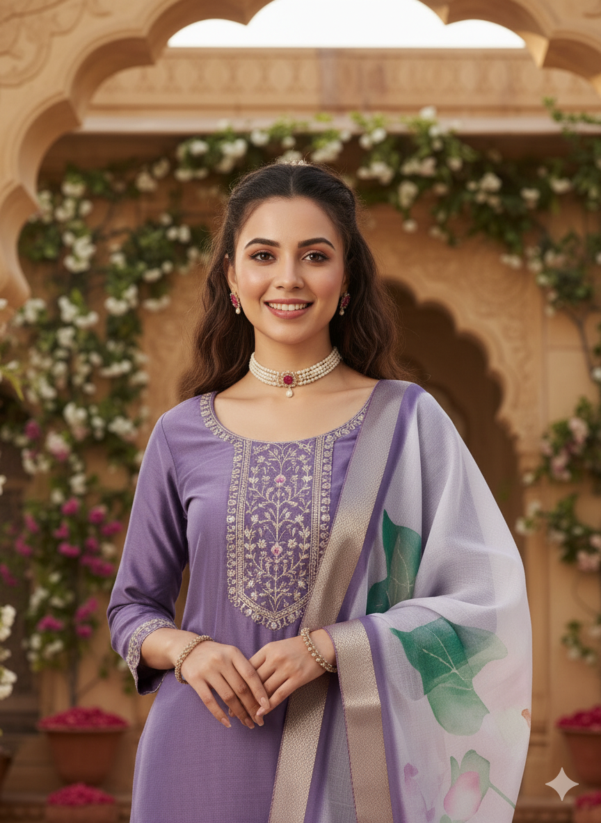 Purple Yoke Design Chinon Straight Suit With Printed Dupatta