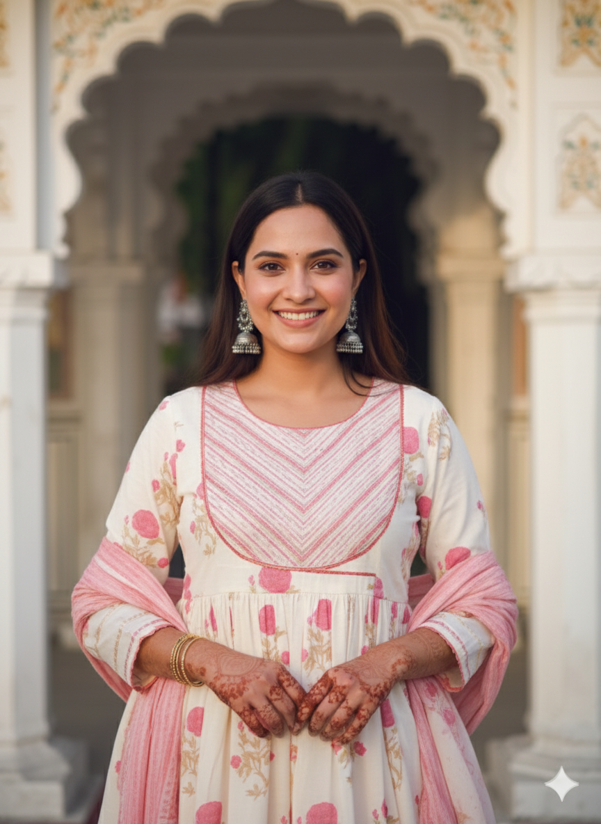 White and Pink Floral Print Cotton Anarkali Kurta With Pants And Dupatta