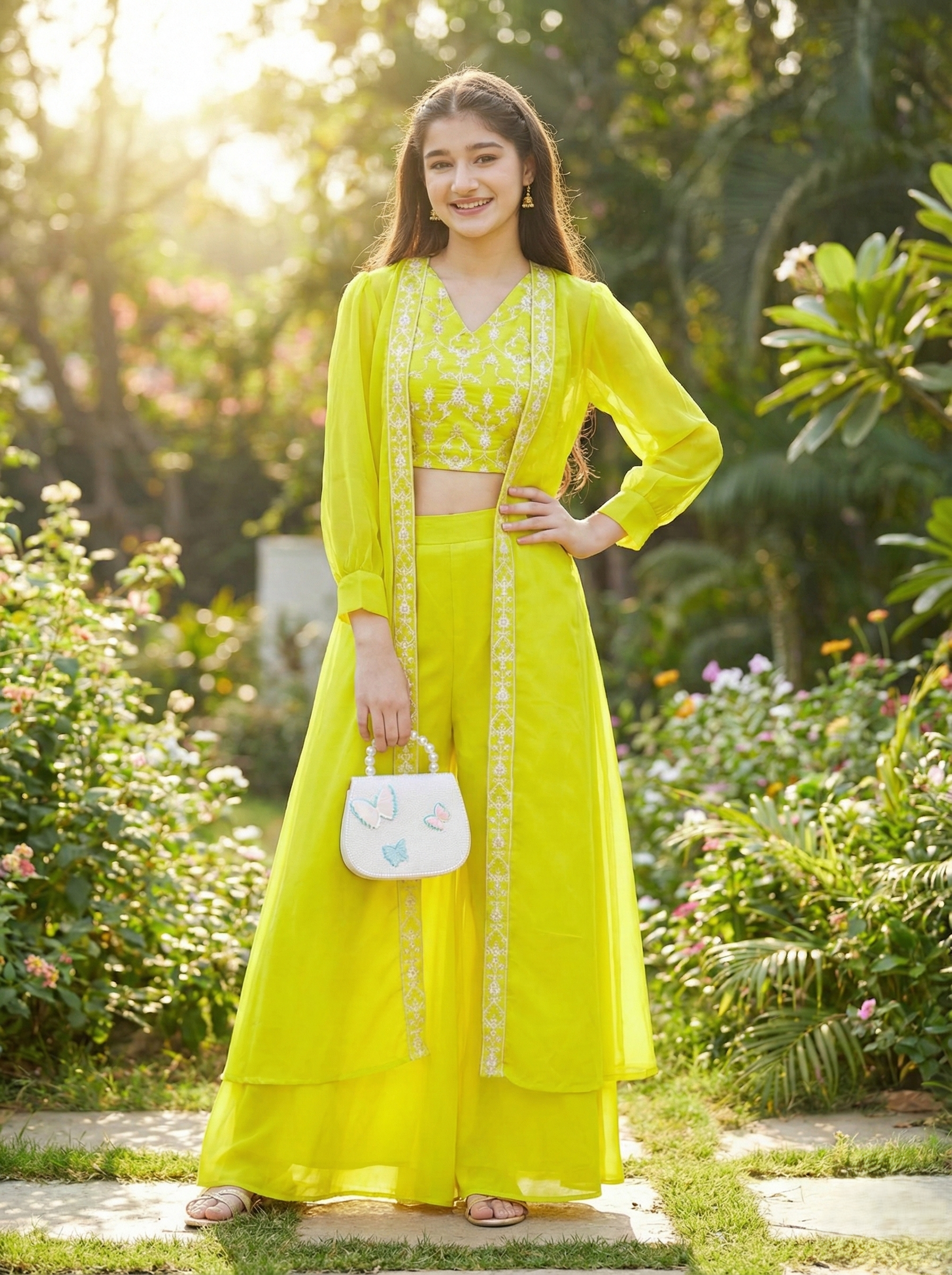 Girl's Neon cotton Embroidered Top, Palazzo Shrug Set