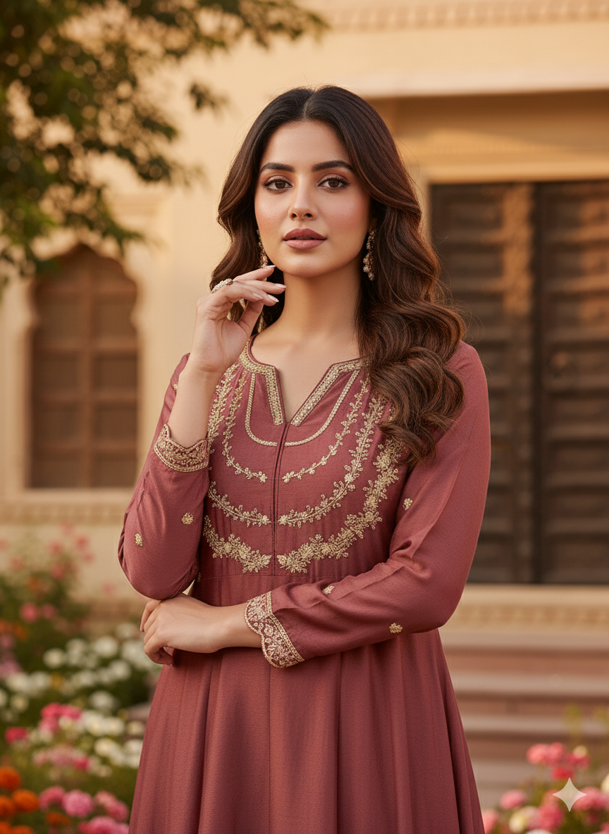Maroon Embroidered Silk Blend Anarkali Kurta With Dupatta Set