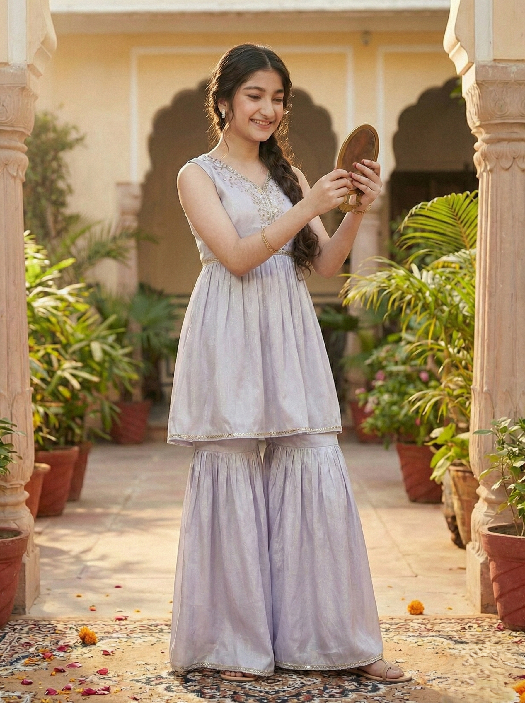 Silver Poly Chinon Embroidered Kurta & Sharara for Girls