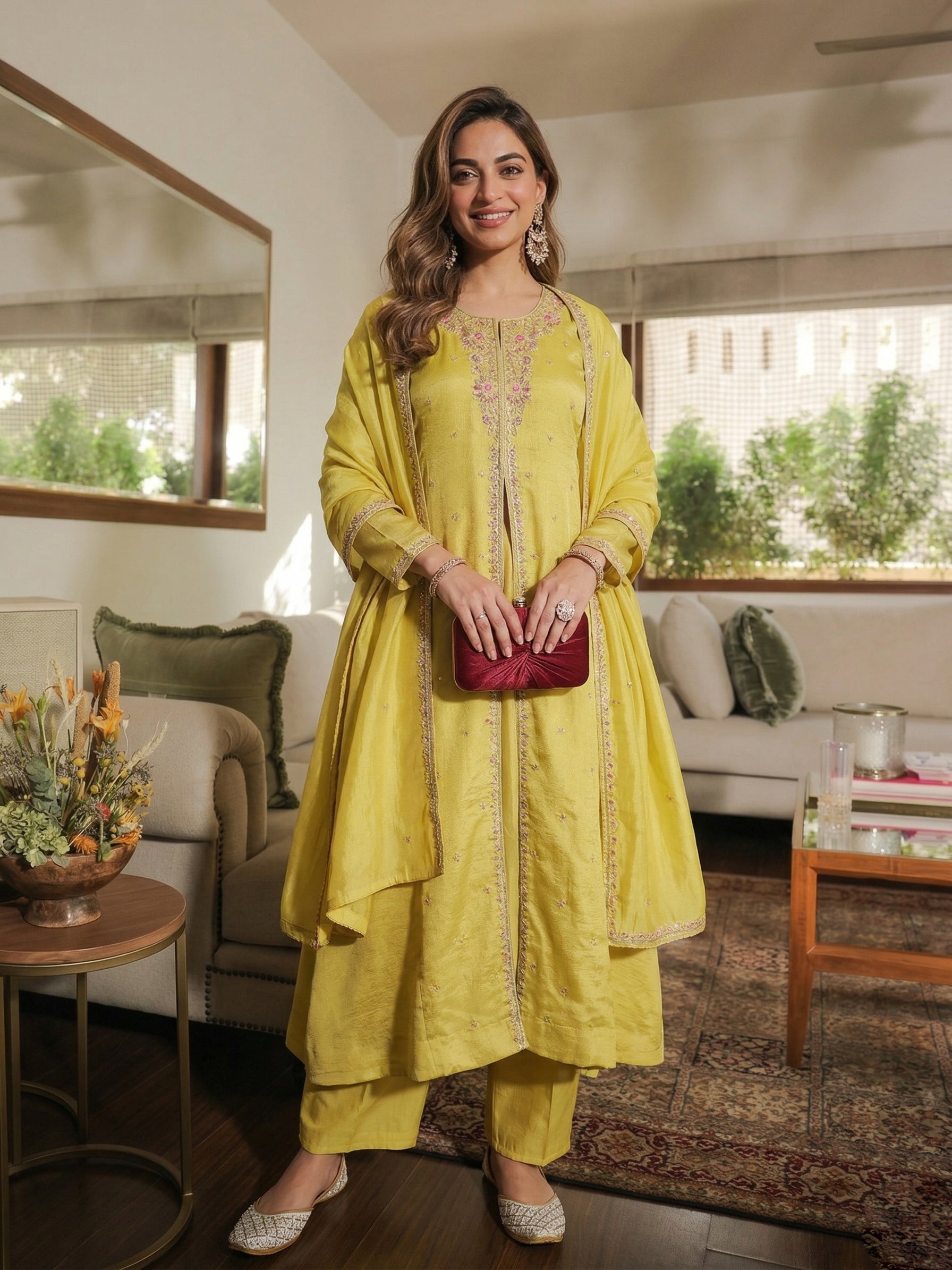 Lemon Yellow Embroidered Silk Anarkali Kurta With Dupatta Set