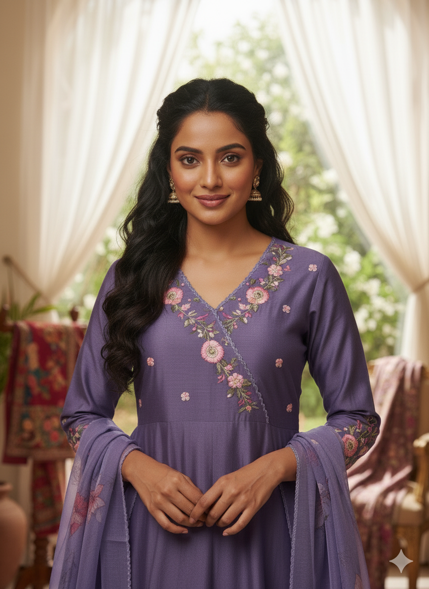 Purple Embroidered Anarkali Kurta Set with Printed Dupatta