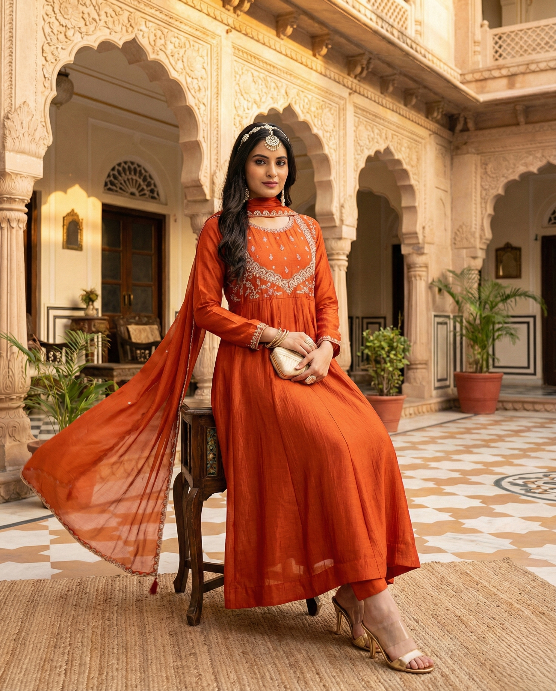 Orange Embroidered Silk Anarkali Kurta With Dupatta Set