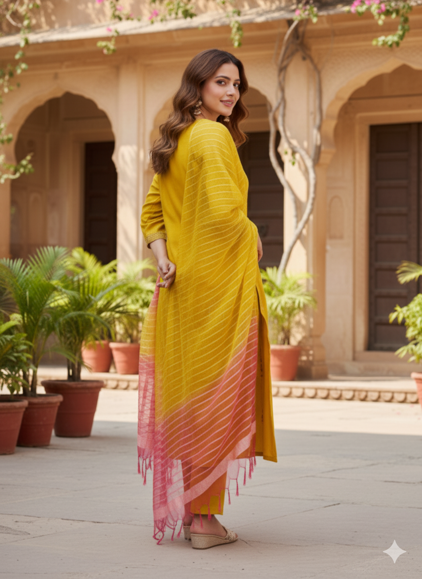 Musturd Embroidered Silk Kurta with Dupatta Set