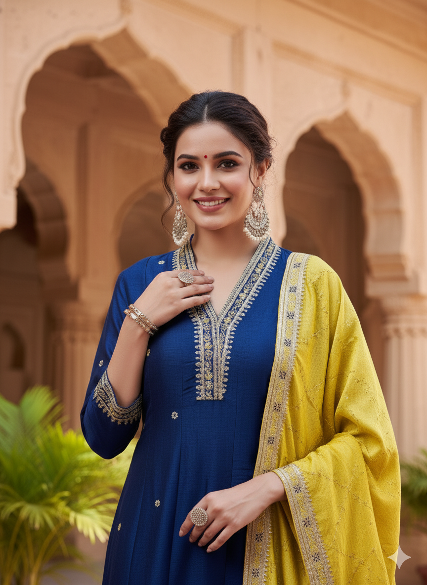 Teal Blue Embroidered Silk Anarkali Kurta With Dupatta Set