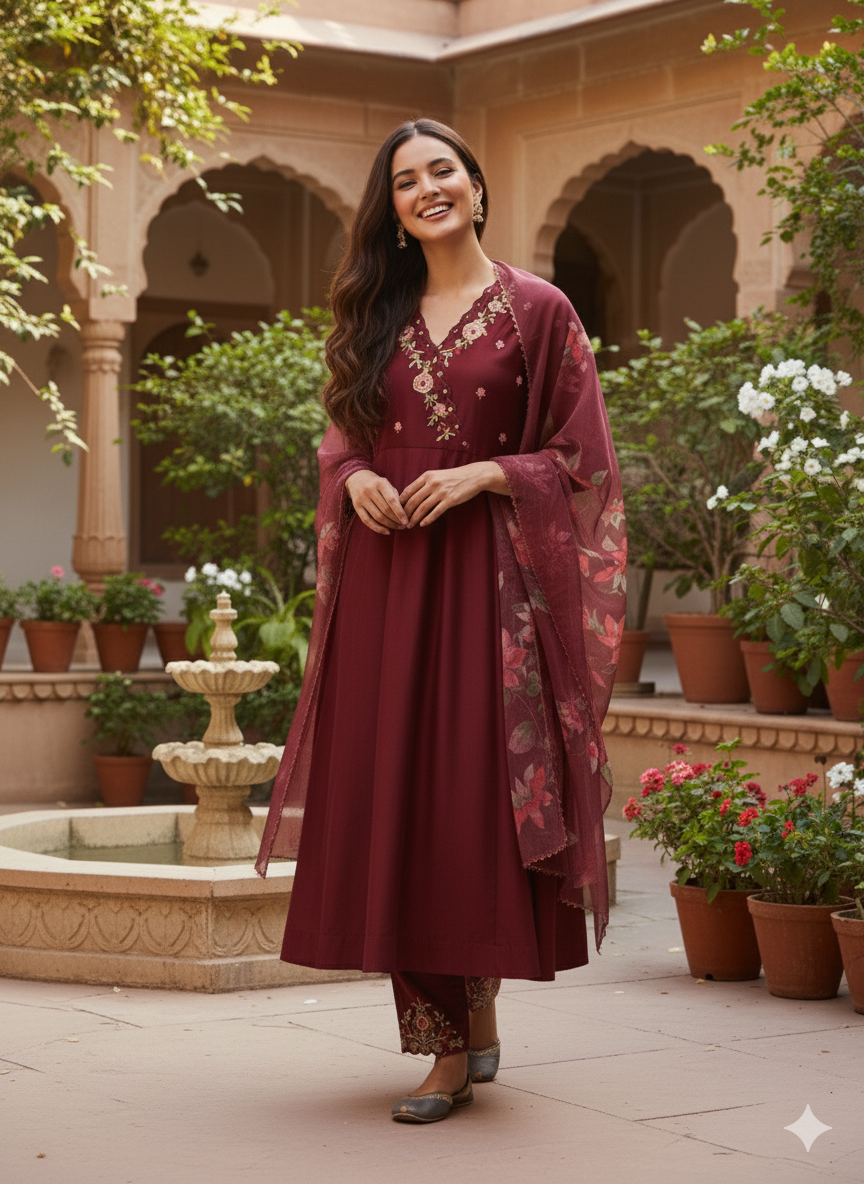 Maroon Embroidered Anarkali Kurta Set with Printed Dupatta