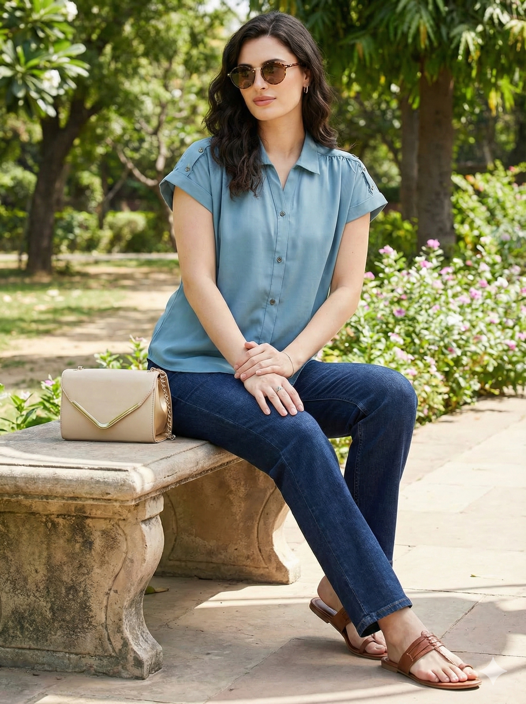 Denim Blue Embroidered Crepe Shirt for Women