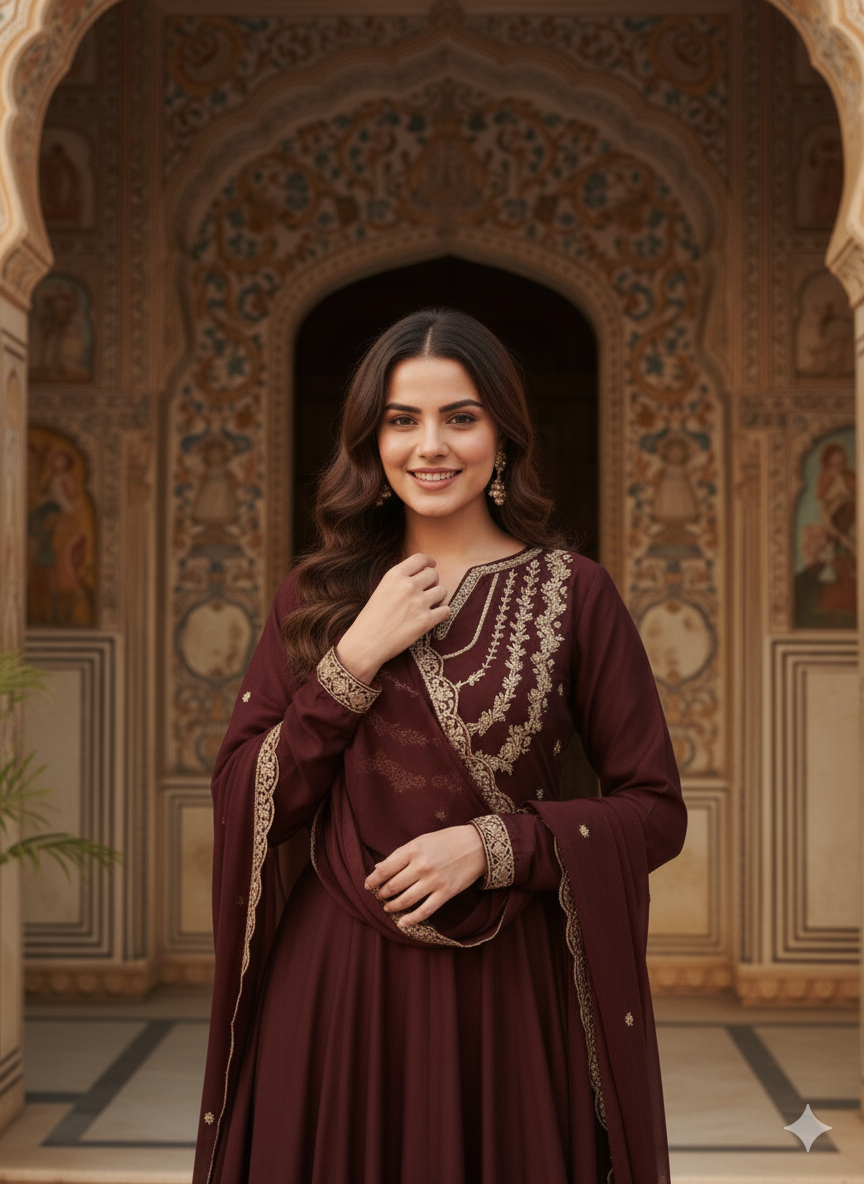 Brown Embroidered Silk Blend Anarkali Kurta With Dupatta Set