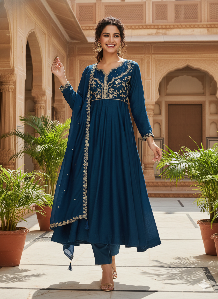 Teal Blue Embroidered Silk Anarkali kurta with Dupatta Set