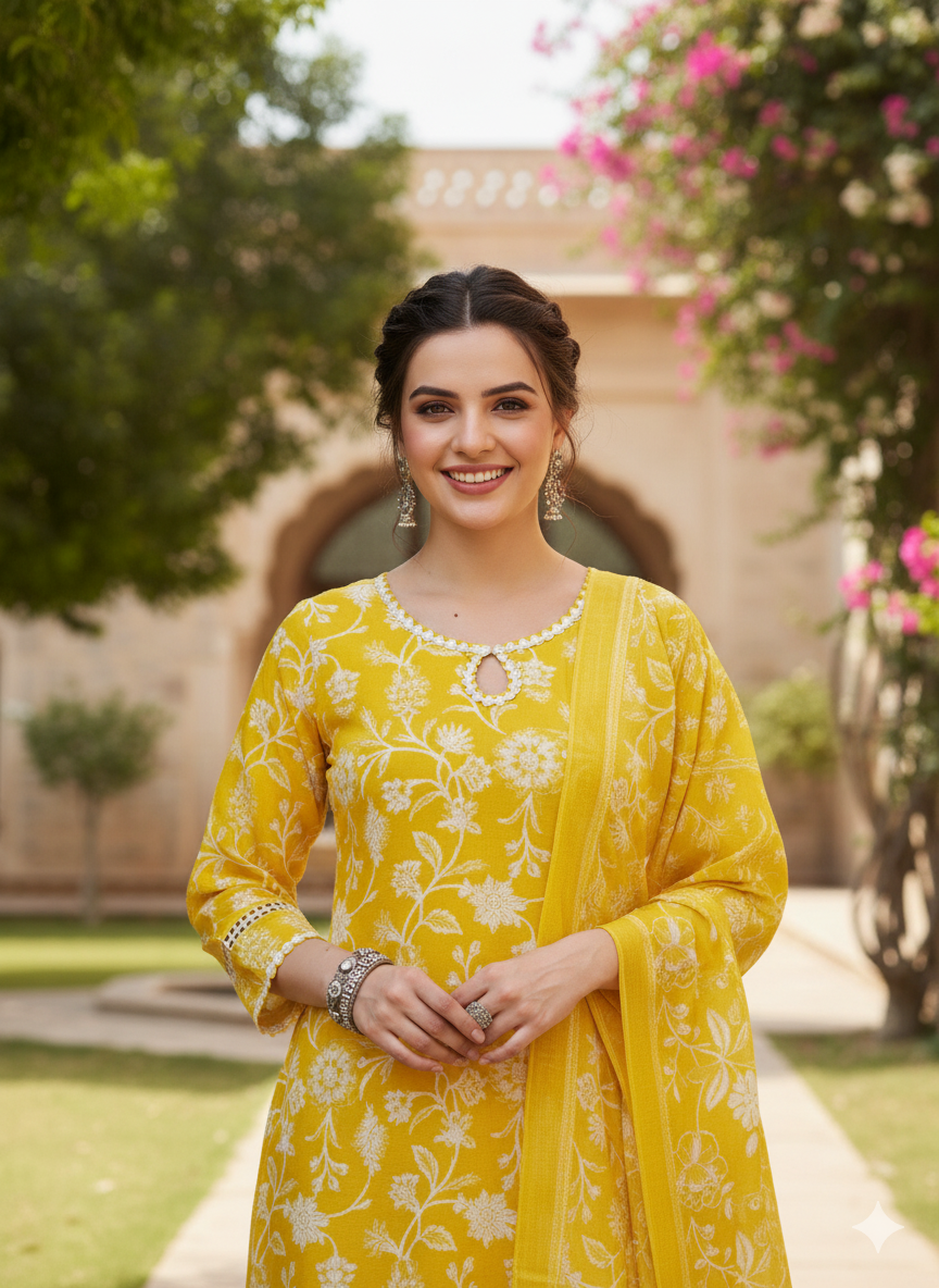 Yellow Floral Print Embroidered Cotton Kurta & Dupatta Set