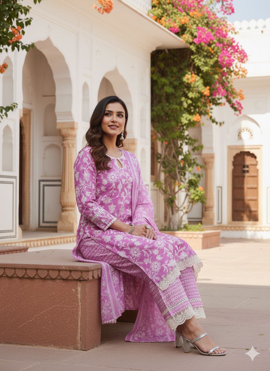 Purple Floral Print Embroidered Cotton Kurta & Dupatta Set