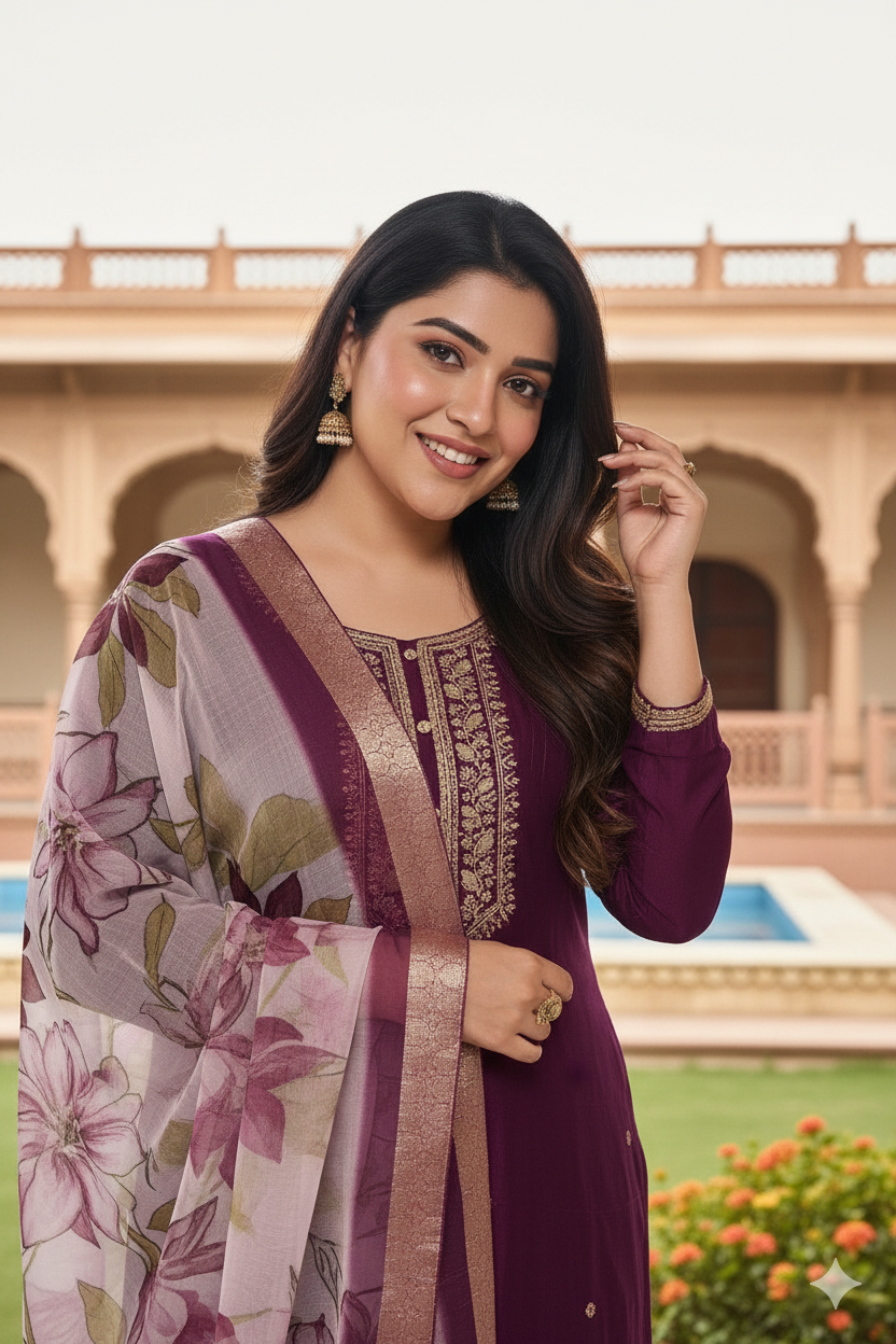 Wine Chinon Kurta Duppta Set with neck patch work