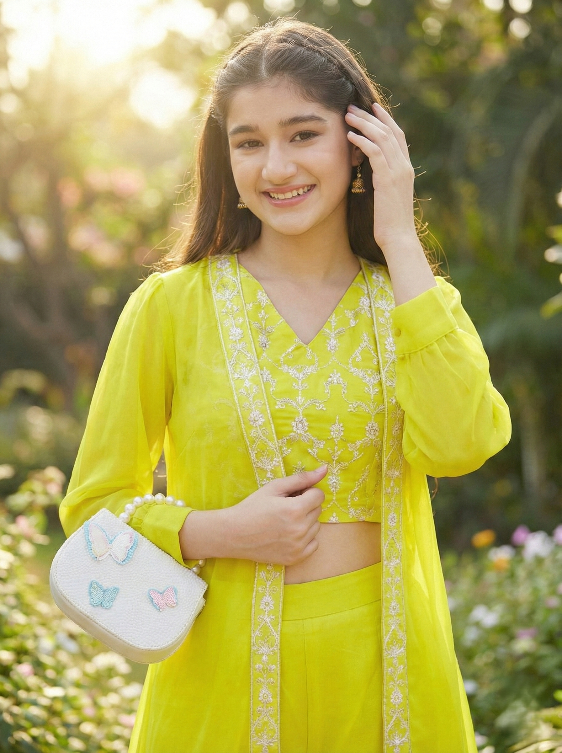 Girl's Neon cotton Embroidered Top, Palazzo Shrug Set