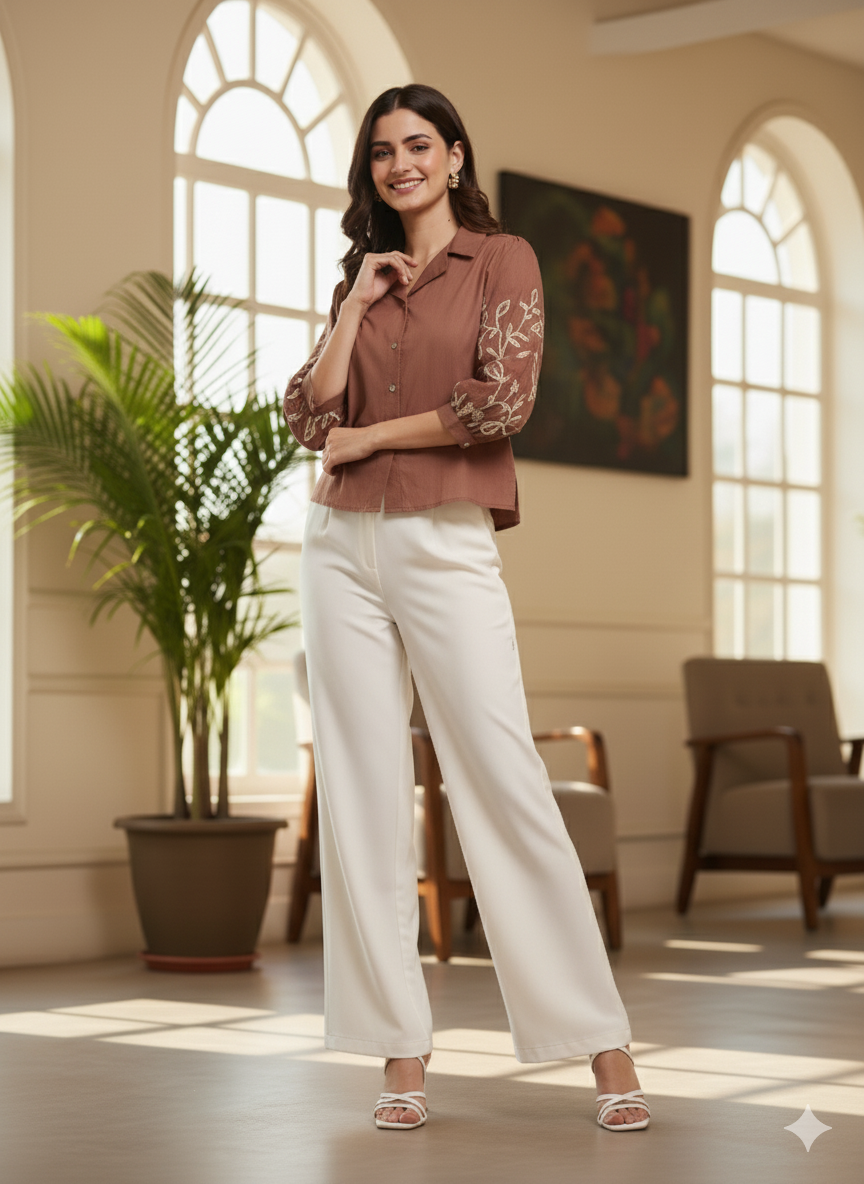 Brown Cotton Embroidered Shirt for Women