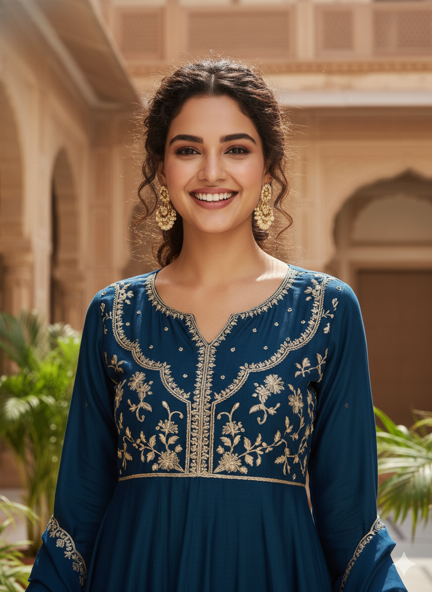 Teal Blue Embroidered Silk Anarkali kurta with Dupatta Set