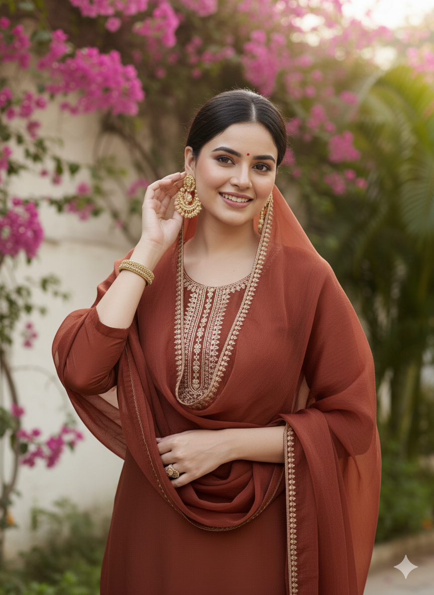 Coffee Embroidered Chinon Kurta with Dupatta Set