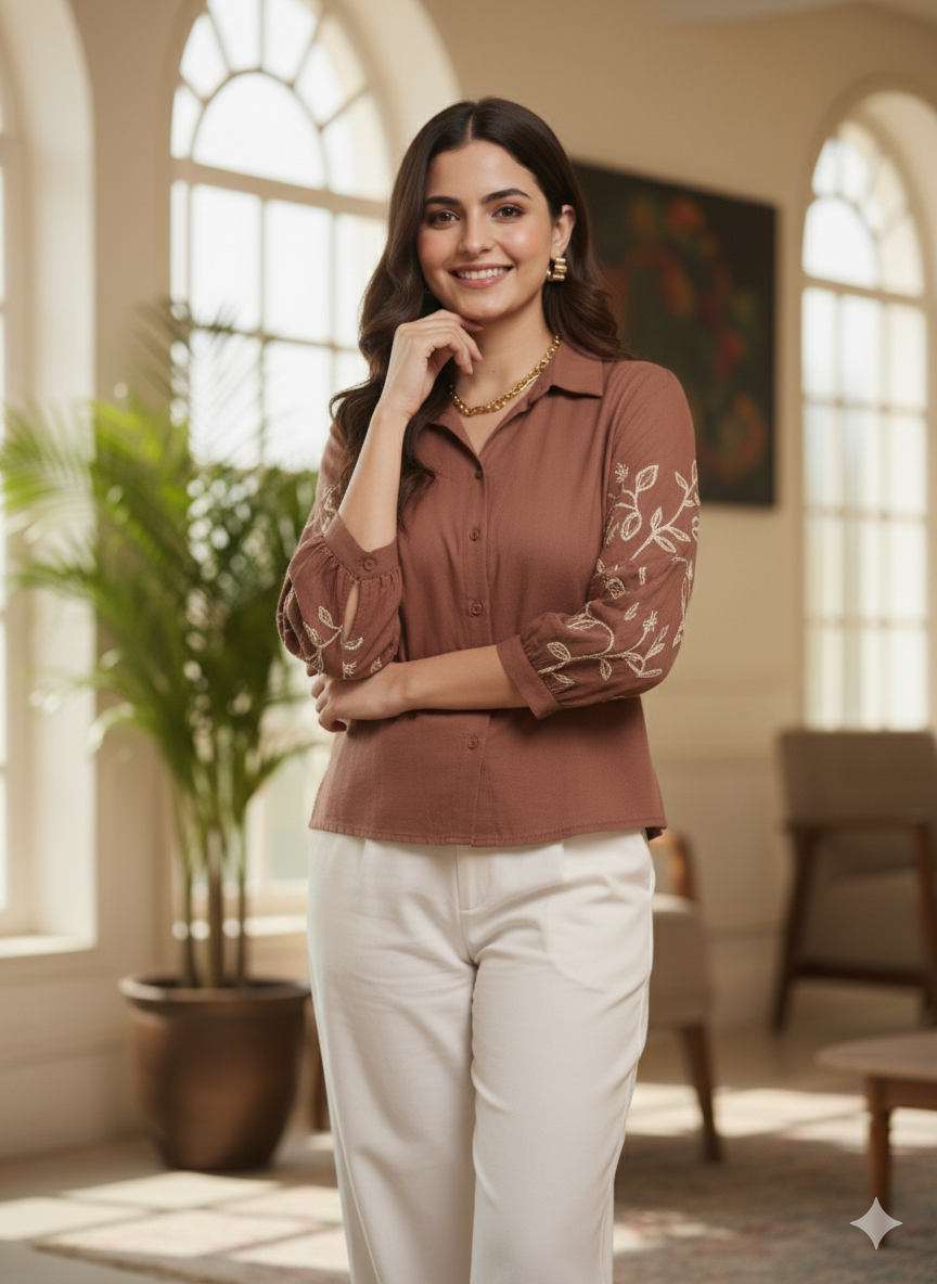 Brown Cotton Embroidered Shirt for Women
