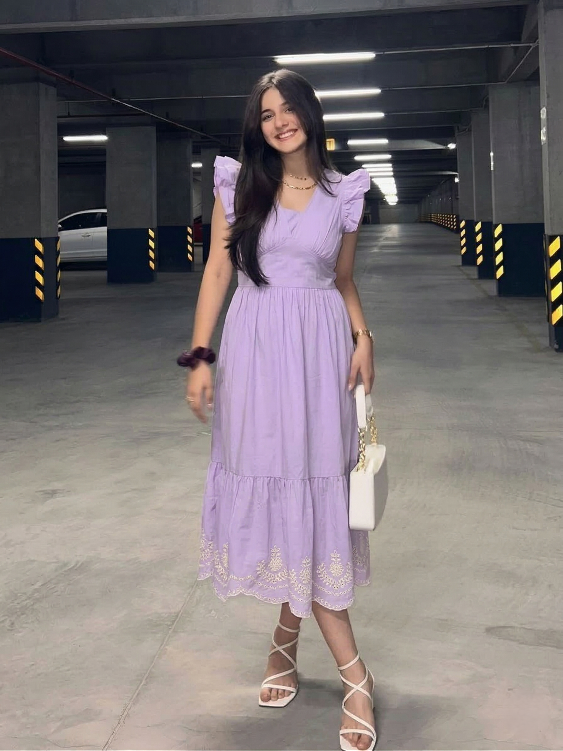 Women lavender Cotton Flared Midi Dress